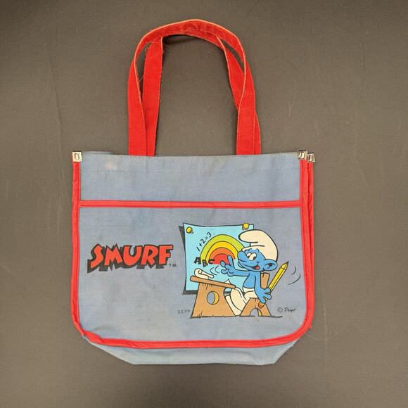 Vintage 1980s Smurfs Kids Canvas Tote Bag Pouch Blue BBC Imports - Picture 1 of 6